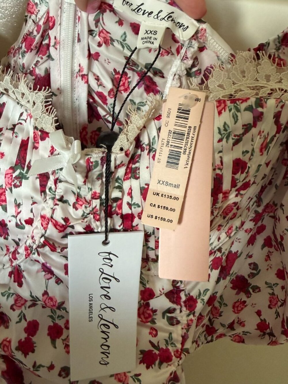 NWT For Love & Lemons Melrose White Pink Floral Ruched Mini Dress XXS - Picture 5 of 7